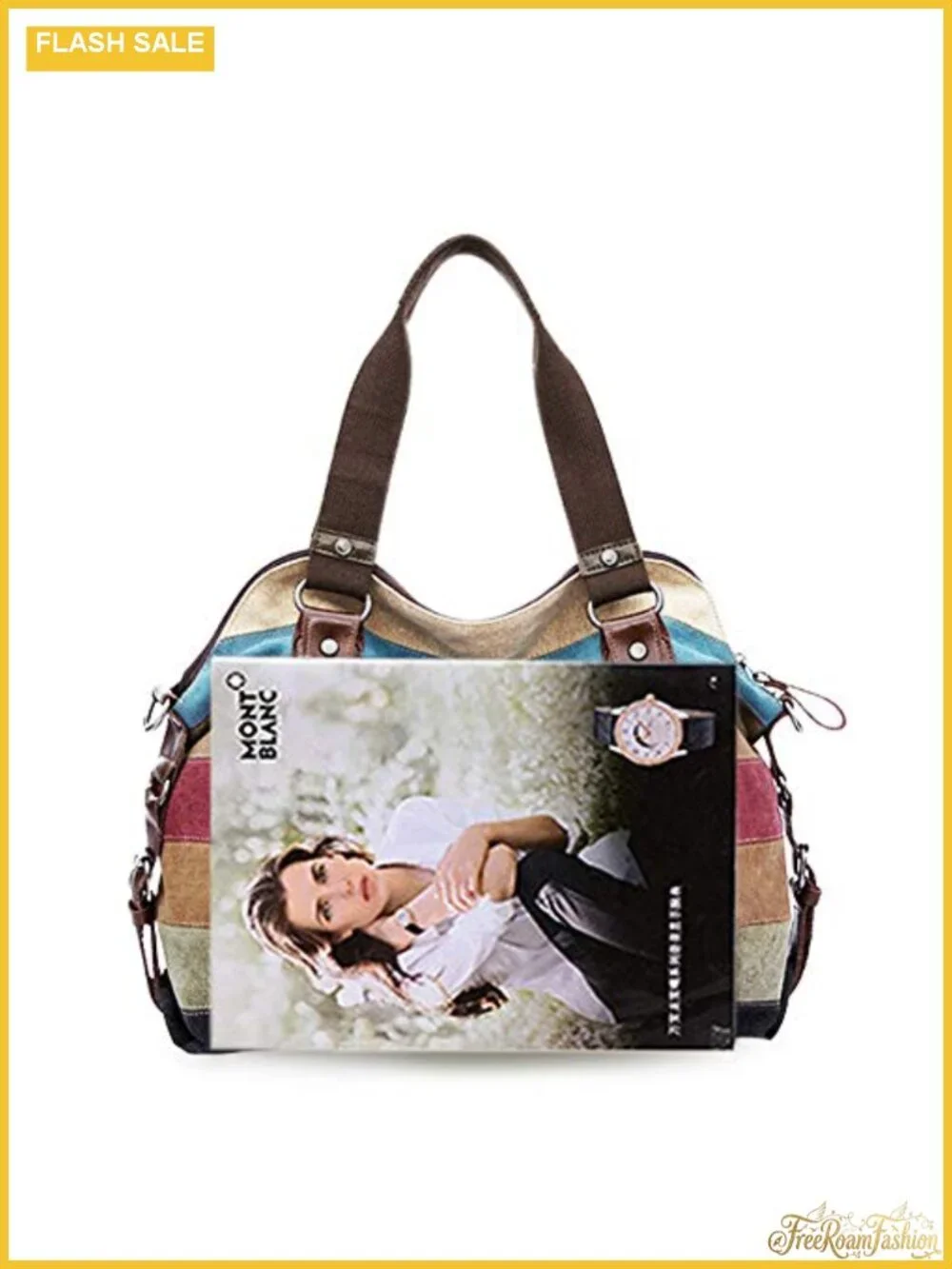 Cotton Canvas Crossbody Shoulder Bag Multi-Color Striped Lattice Handbag Tote